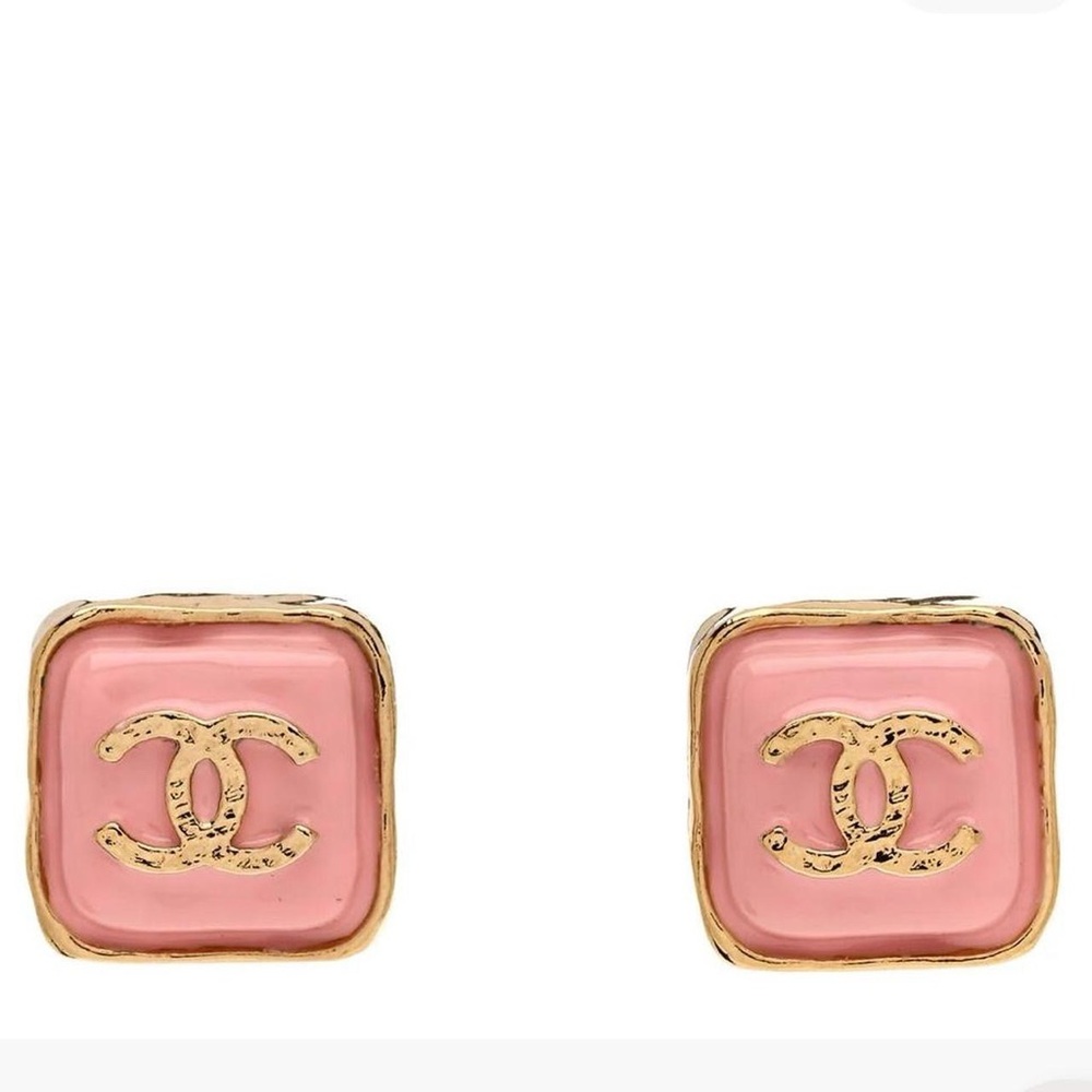 CHANEL Pink and Gold Resin Square Earrings Studs